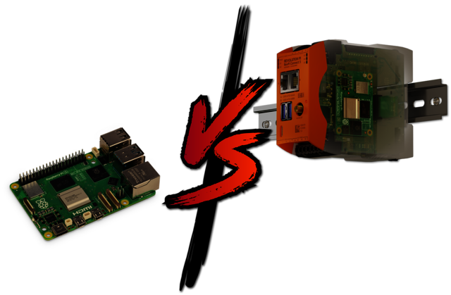 Raspberry Pi vs. Revolution Pi Karşılaştırma görseli, aralarında VS sembolü bulunan bir Raspberry Pi ve bir Revolution Pi'yi yan yana göstermektedir. Görsel, otomasyon uygulamaları için standart Raspberry Pi tek kartlı bilgisayar ile endüstriyel sınıf Revolution Pi arasındaki doğrudan karşılaştırmayı görselleştirmektedir.