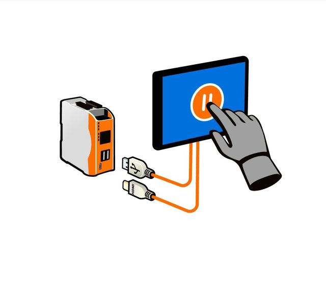 Schematic representation of a Revolution Pi in use as a Human Machine Interface (HMI). A touchscreen display is connected to the RevPi and shows a modern user interface for process visualization.
