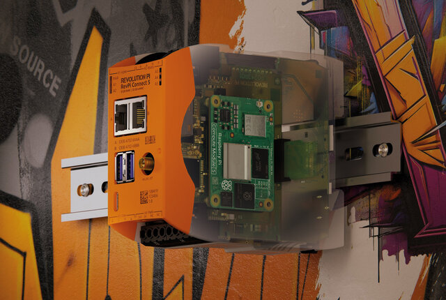 Technical illustration showing the integration of a Raspberry Pi Compute Module 5 inside the RevPi Connect housing
